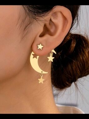 Gold Star Crescent Dangle Earrings Women Jewelry